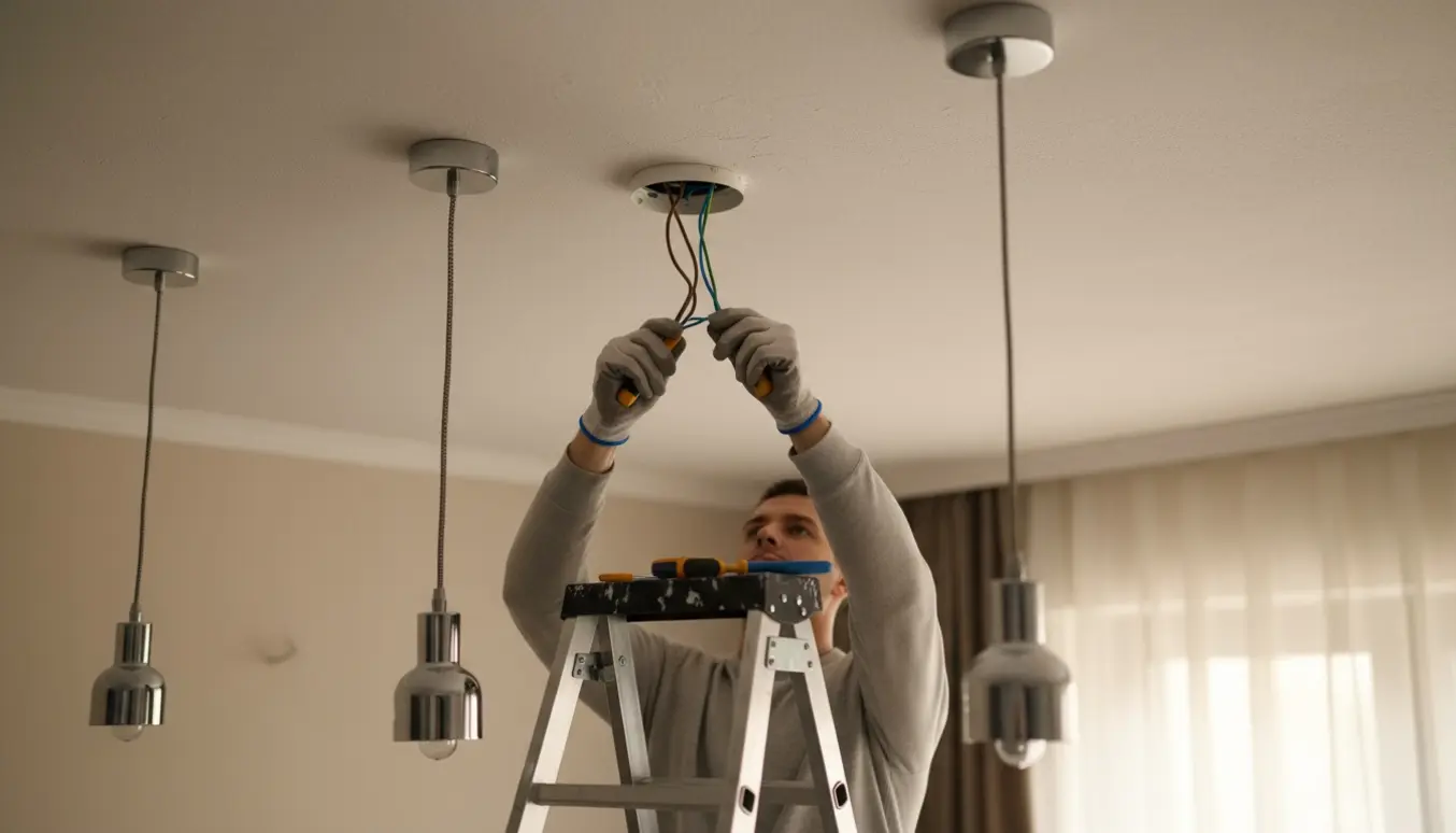 Nærbillede af hænder på en stige, der tilslutter fire hængende loftslamper med synlige ledninger og værktøj.