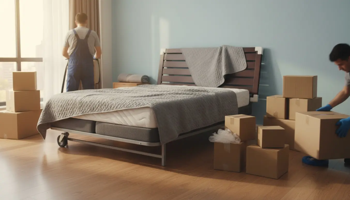 Dobbeltseng delt i to og omkring ti plain flyttekasser i en lys lejlighed under en flytning.