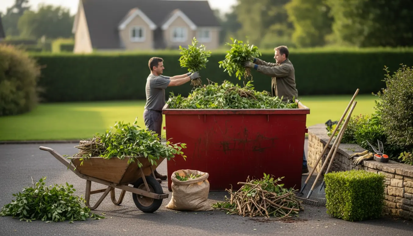 To personer læsser nyskårne hække og haveaffald i en stor rød container på en indkørsel.