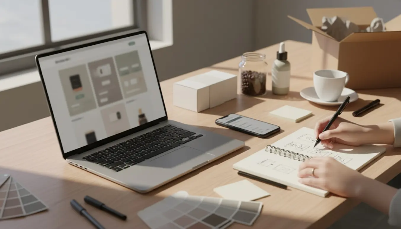 Arbejdende webdesigner ved et lyst skrivebord med laptop, smartphone og produktprøver, der udvikler en abonnementsbaseret webshop.