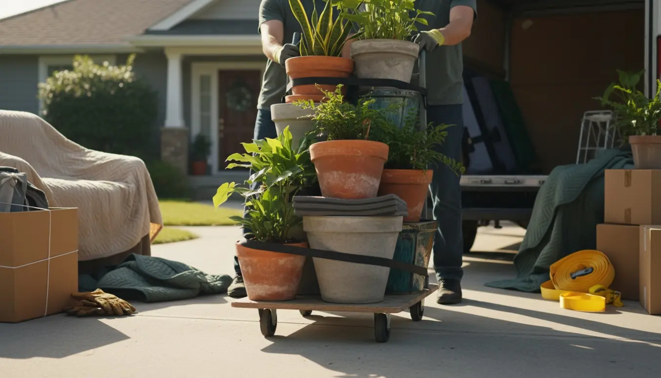 Flyttefolk læsser syv tunge plantekrukker og pakket indbo i en varebil ved indkørslen.