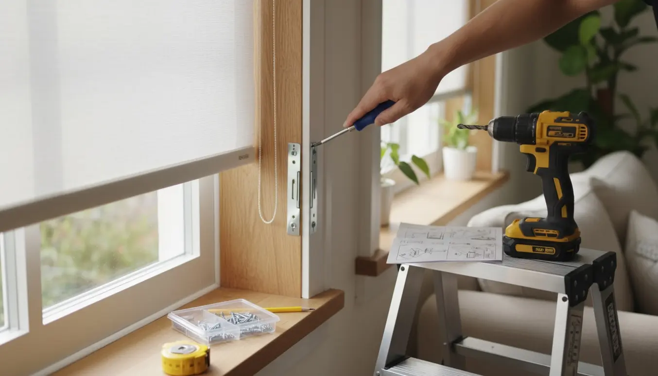 Hænder monterer et rullegardin ved et vindue med boremaskine, skruer og målebånd.