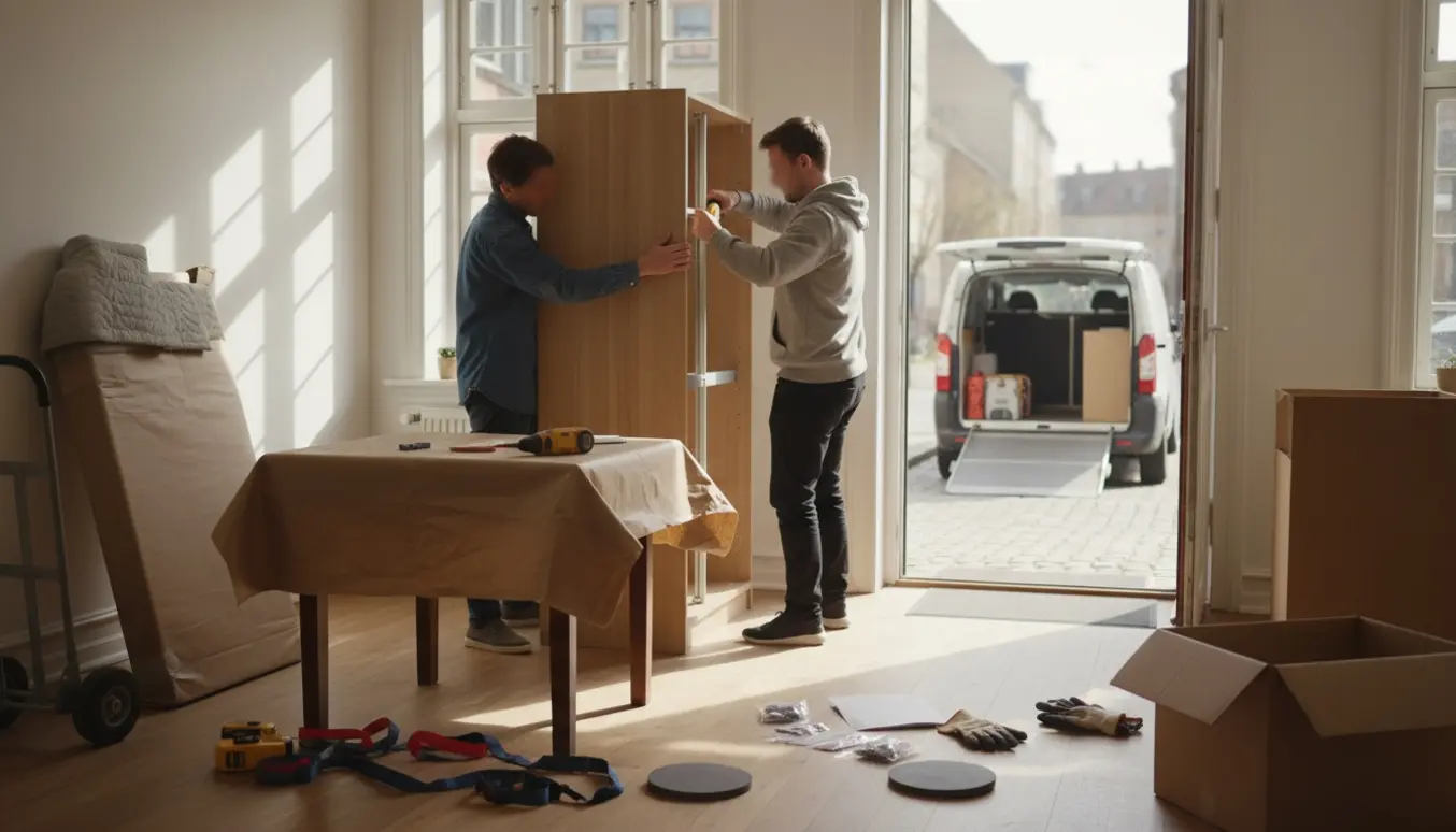 To personer løfter og samler et fladt pakket skab i en lys lejlighed med et indpakket bord og varevogn udenfor.