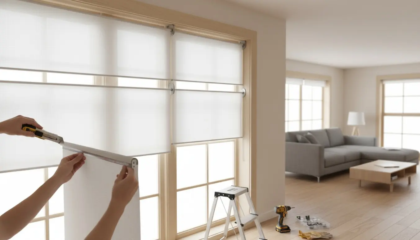 To rullegardiner måles, klippes til og monteres ved et vindue i en lys stue med hænder og værktøj i fokus.