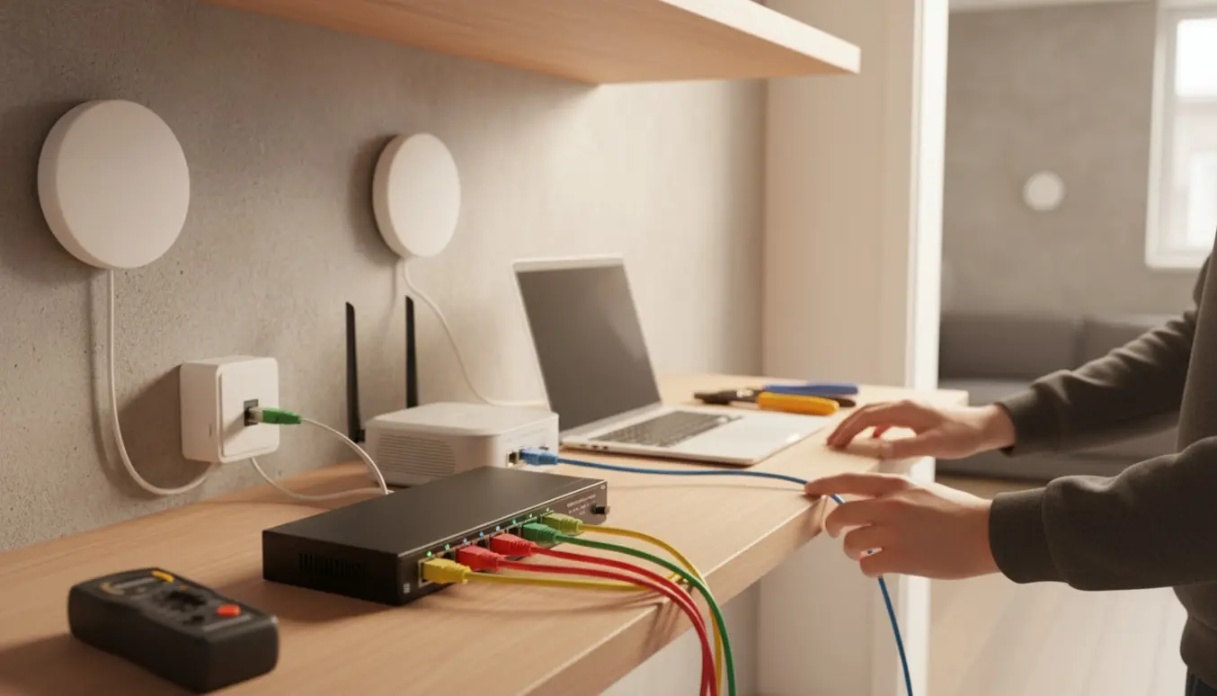 Hænder opsætter hjemmenetværk med fiberboks, modem, PoE-switch og to vægmonterede access points.