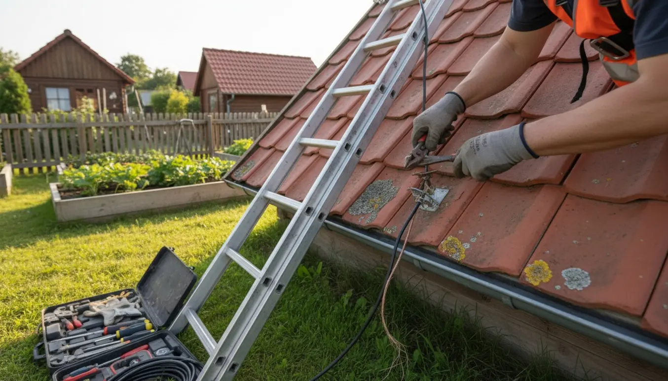 En person på en stige fjerner en rusten antenne fra taget af et kolonihavehus med værktøj og værktøjskasse i forgrunden.