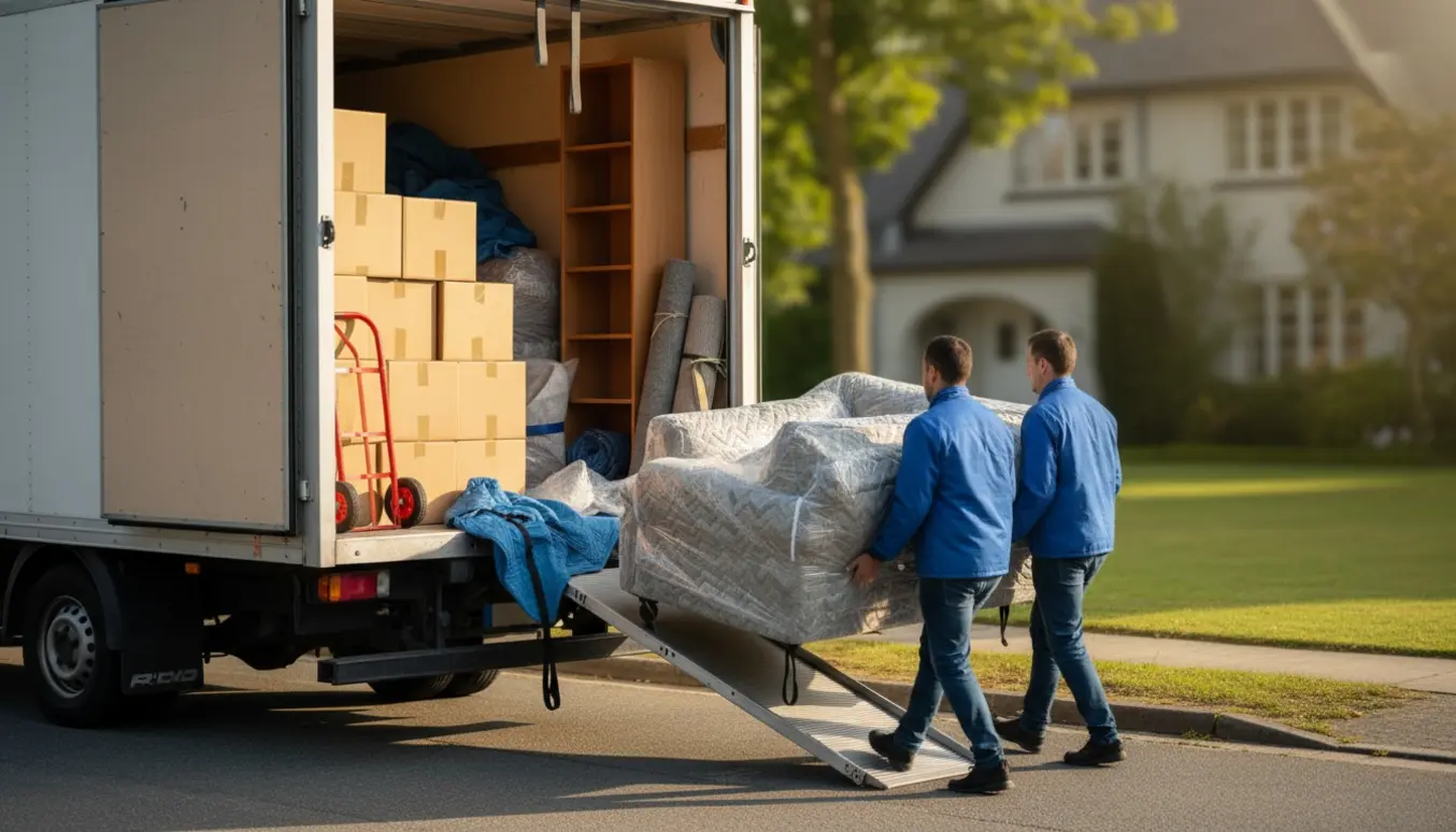 Åben kassevogn ved en villa med flyttekasser og møbler, flyttere bærer en sofa uden tydelige ansigter.