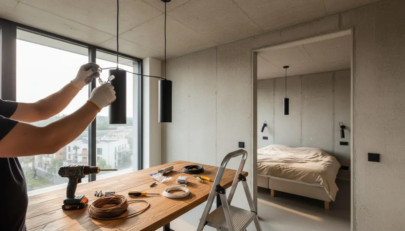 Hænder på en stige forbinder nye ledninger og monterer loftslamper i betonlofter over spisebord og soveværelse.