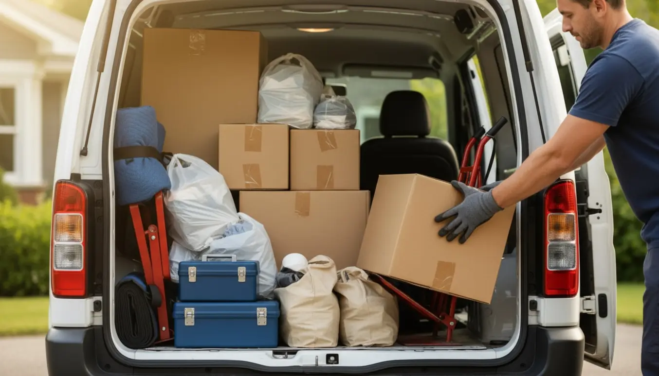 Åben varevogn med fire papkasser, to små værktøjskasser og tolv sække med tøj klar til flytning.