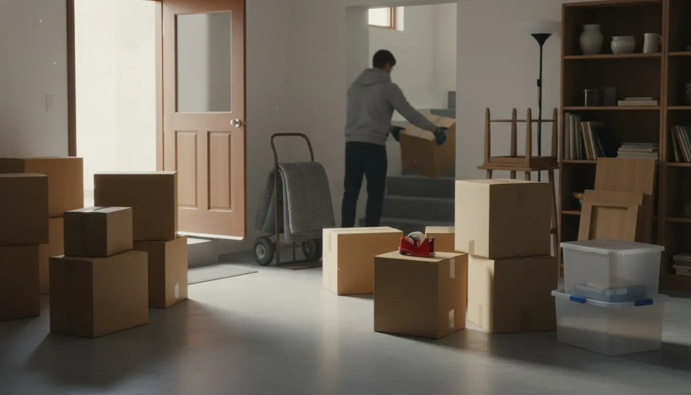 Hænder stabler flyttekasser i et kælderrum ved hjælp af en sækkevogn og flyttetæpper.