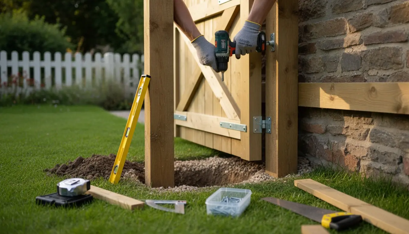 Håndværker monterer en træhavelåge mellem en mur og et stakit med værktøj i forgrunden.