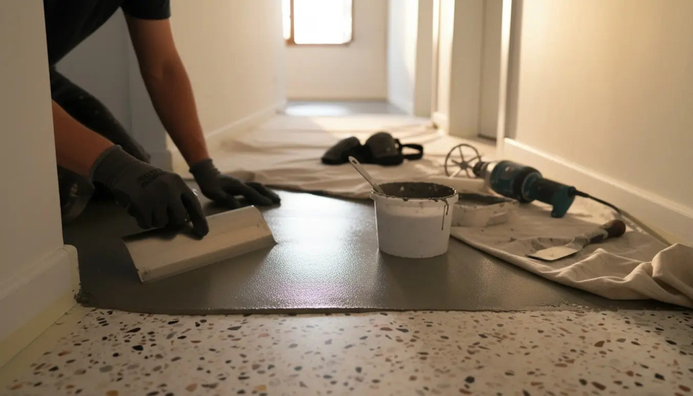 Hånd påfører microcement med en spartel i en smal gang med værktøj og afdækning i baggrunden.