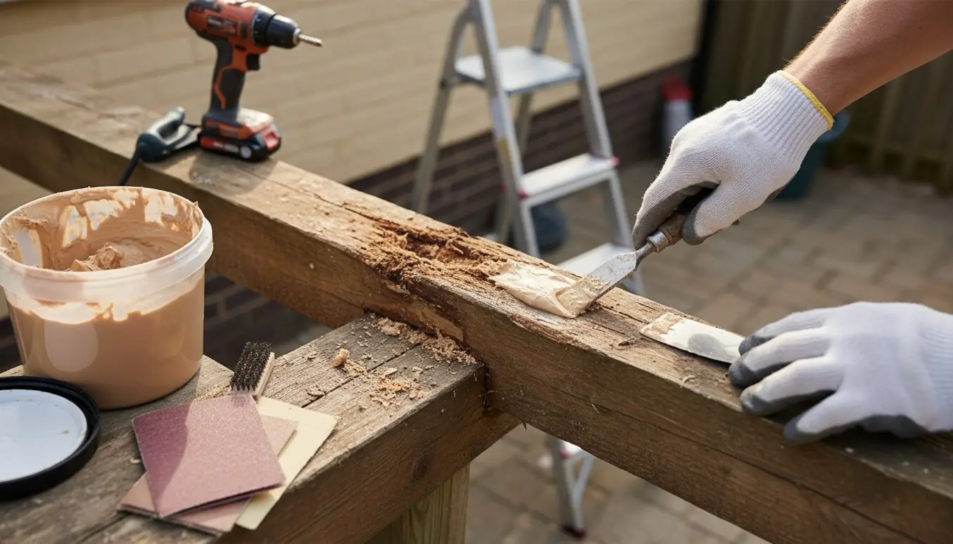 Nærbillede af et råddent spær på en tilbygning, hvor handsker og værktøj renser og fylder hullet med træfyldstof.