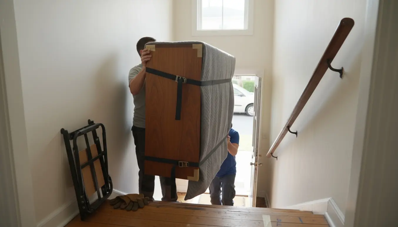 To flyttemænd bærer en cirka 150 cm bred træskænk op ad en trappe, pakket i flyttetæpper og spændt med stropper.