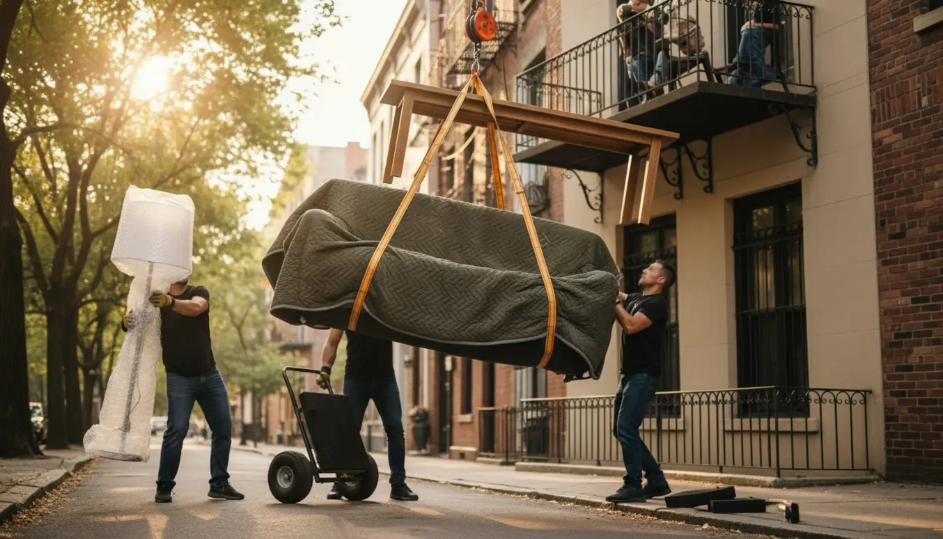 Sofa sænkes fra en høj lejlighed, mens flyttemænd håndterer et langt spisebord og en indpakket gulvlampe på gaden.