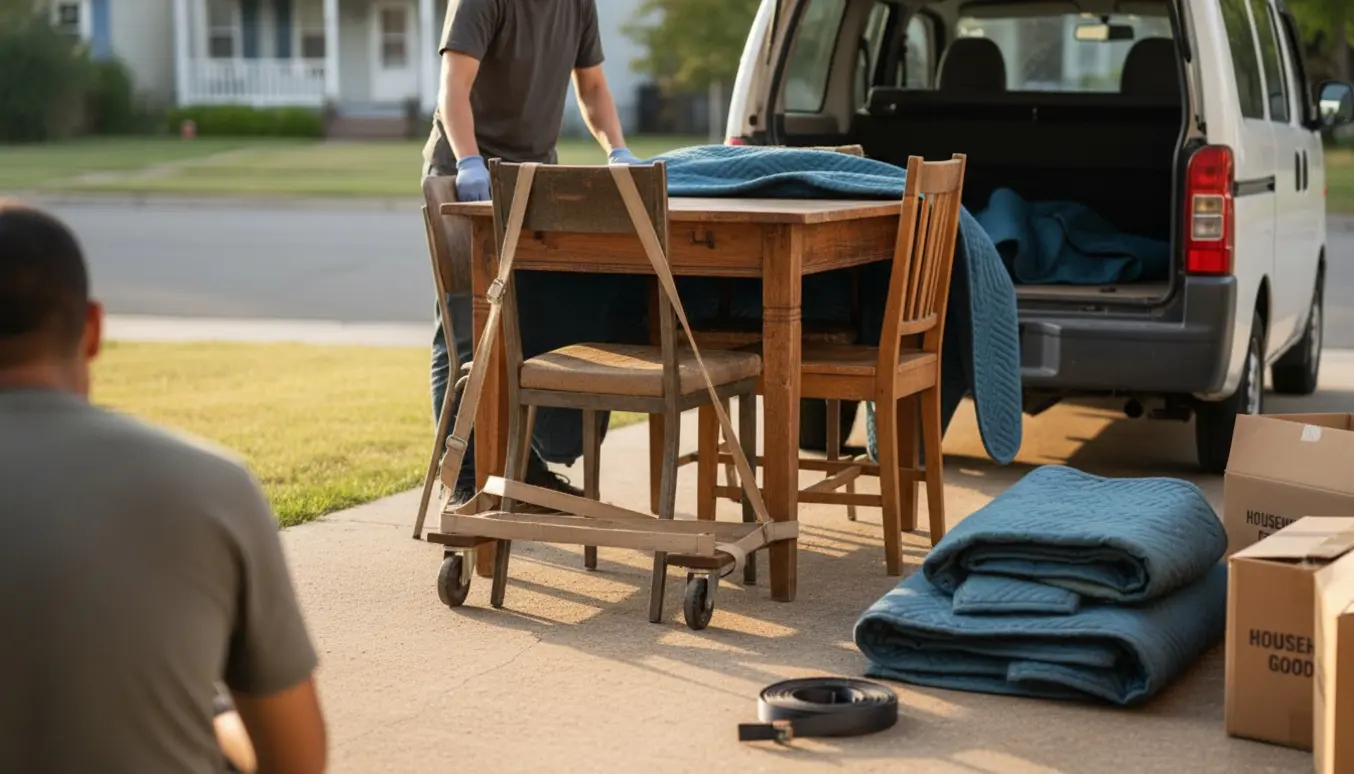 Bord og stole pakkes og læsses i en varebil til afhentning.