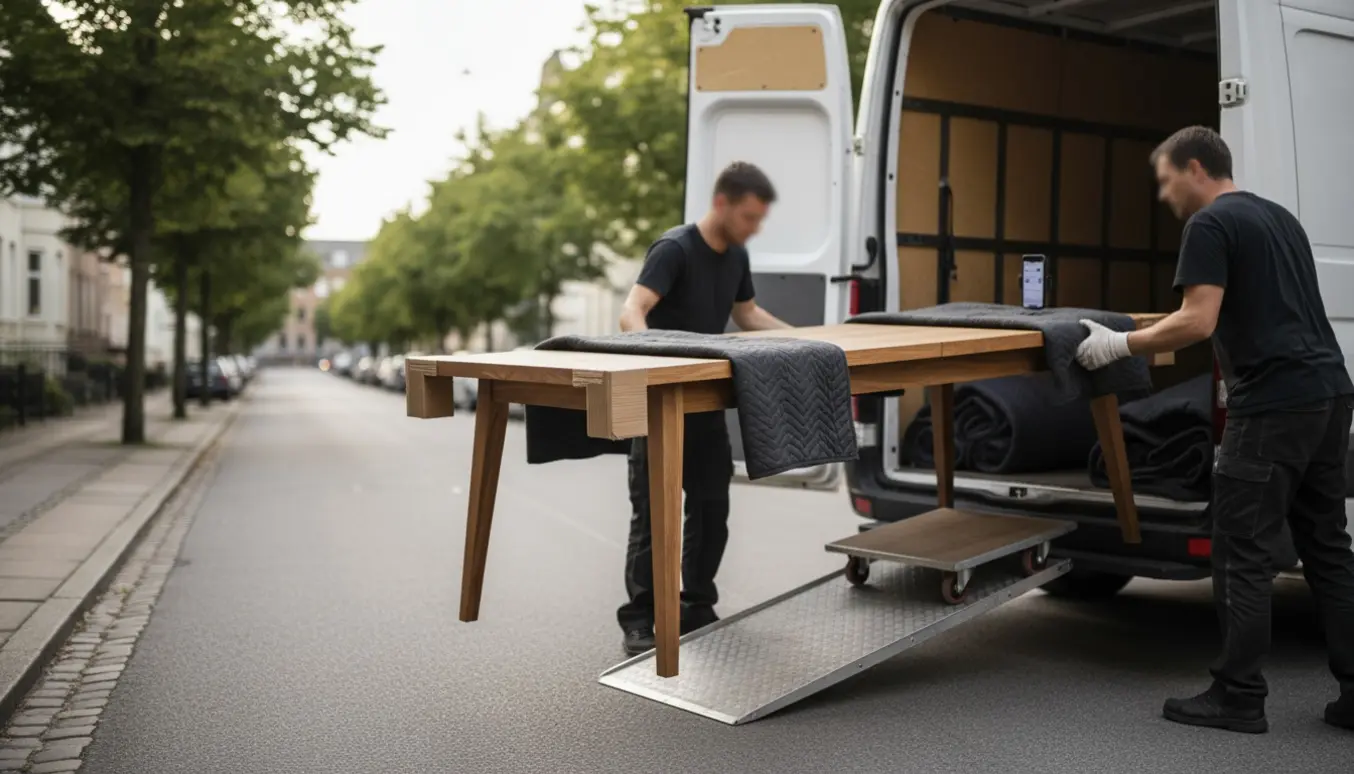 To flyttemænd læsser et langt træspisebord ind i en varevogn med flyttetæpper og remme.