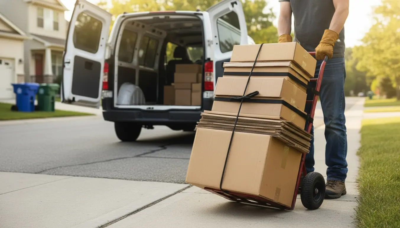 Sammenfoldede papkasser bundet med snor i indkørsel ved en varebil klar til afhentning.