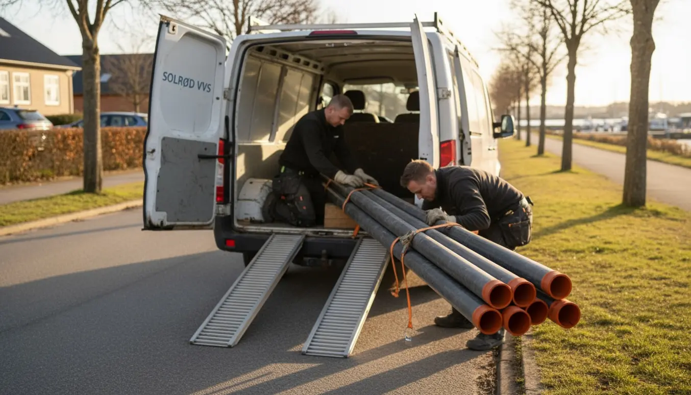 Seks lange jernrør læsses i en varevogn i Solrød, det længste omkring fem meter.
