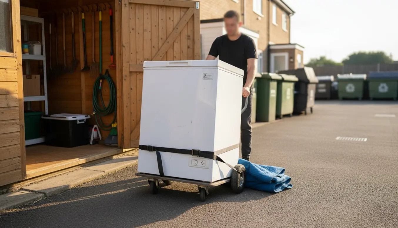 Kummefryser på flyttevogn trækkes ud af et skur mod en genbrugsplads, uden trapper.