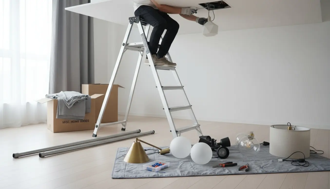 Fem loftslamper og to nedtagne gardinstænger ligger beskyttet på gulvet, mens en hånd på en stige afmonterer en loftslampe i et lyst lejlighedsinteriør.