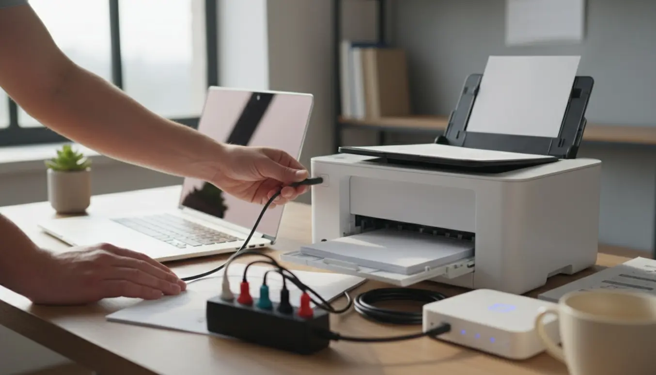 Hænder tilslutter printer, scanner og bærbar pc på et ryddeligt hjemmekontor.