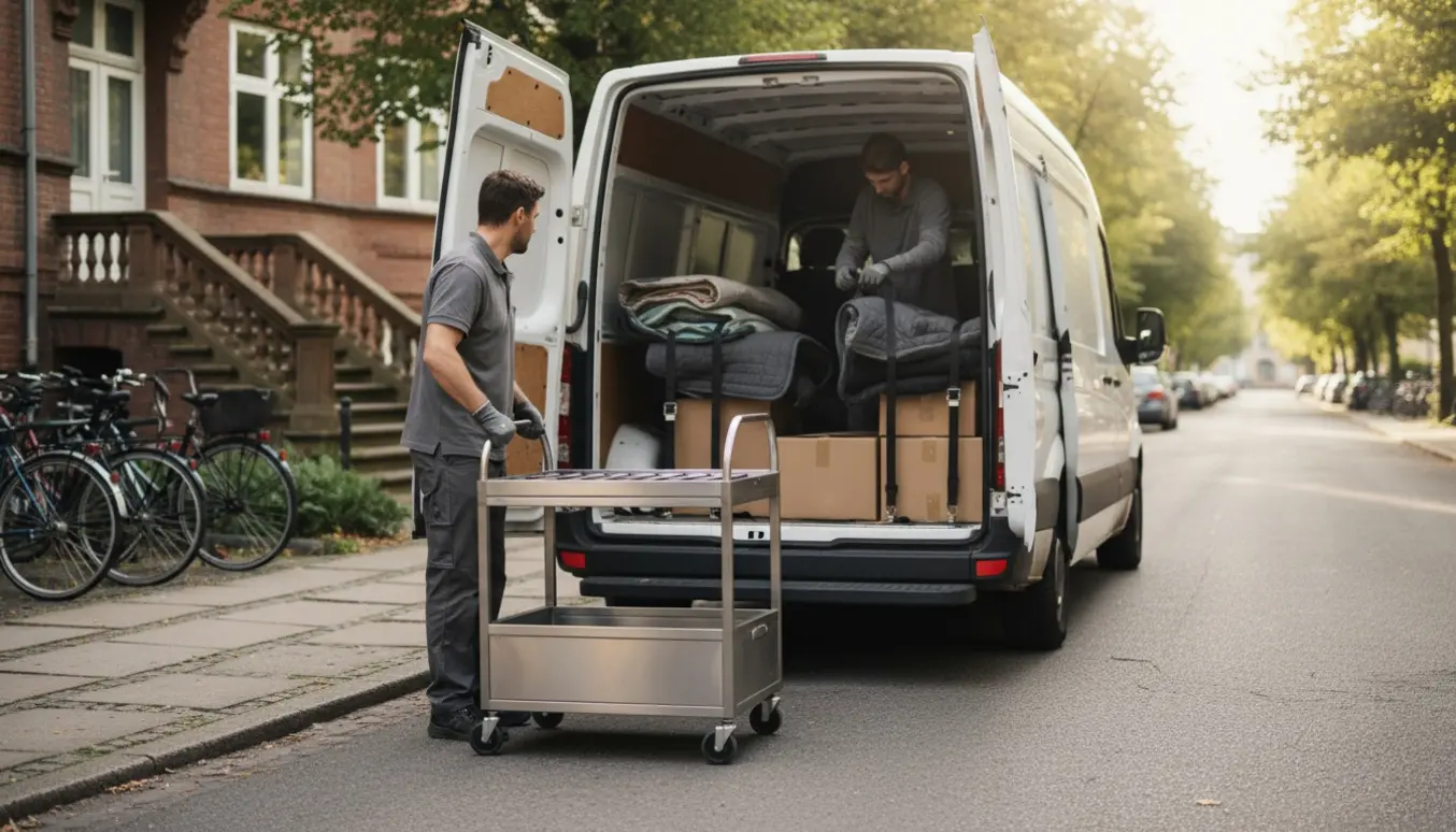 Flyttemænd læsser et rustfrit opvaskerstativ ind i en varevogn ved fortovet.