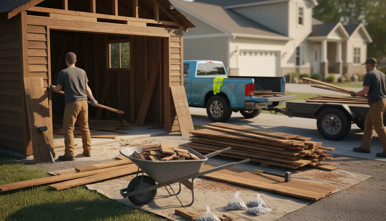 Delvist nedrevet træ-garage med værktøj og træaffald, der læsses på en åben pickup ved huset.