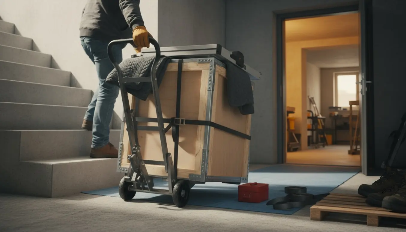 Delvist skilt bordsav på tralle sænkes forsigtigt ned ad en udvendig kældertrappe mod en åben kælderdør.