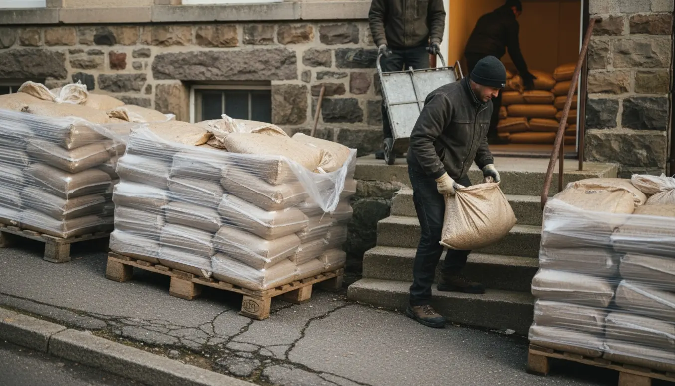 To personer bærer tunge sække træpiller fra fortovet ned ad en trappe og stabler dem i kælderen.