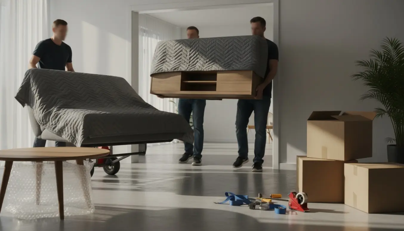 Flytning af TV-bord, sofabord og en halvt foldet sovesofa i en lys lejlighed, møblerne beskyttet med flyttetæpper og kasser.