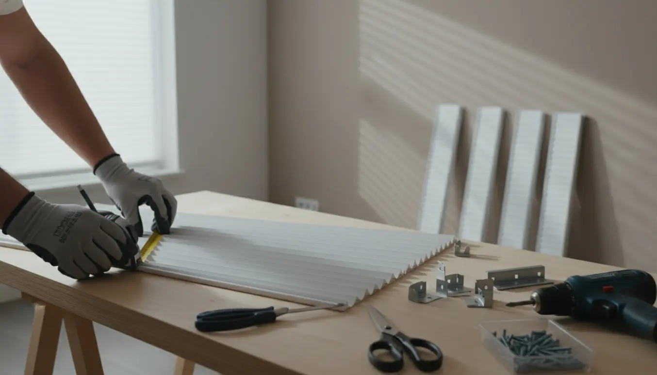 Nærbillede af hænder, der måler og skærer plisségardiner klar til montering i en lys stue.