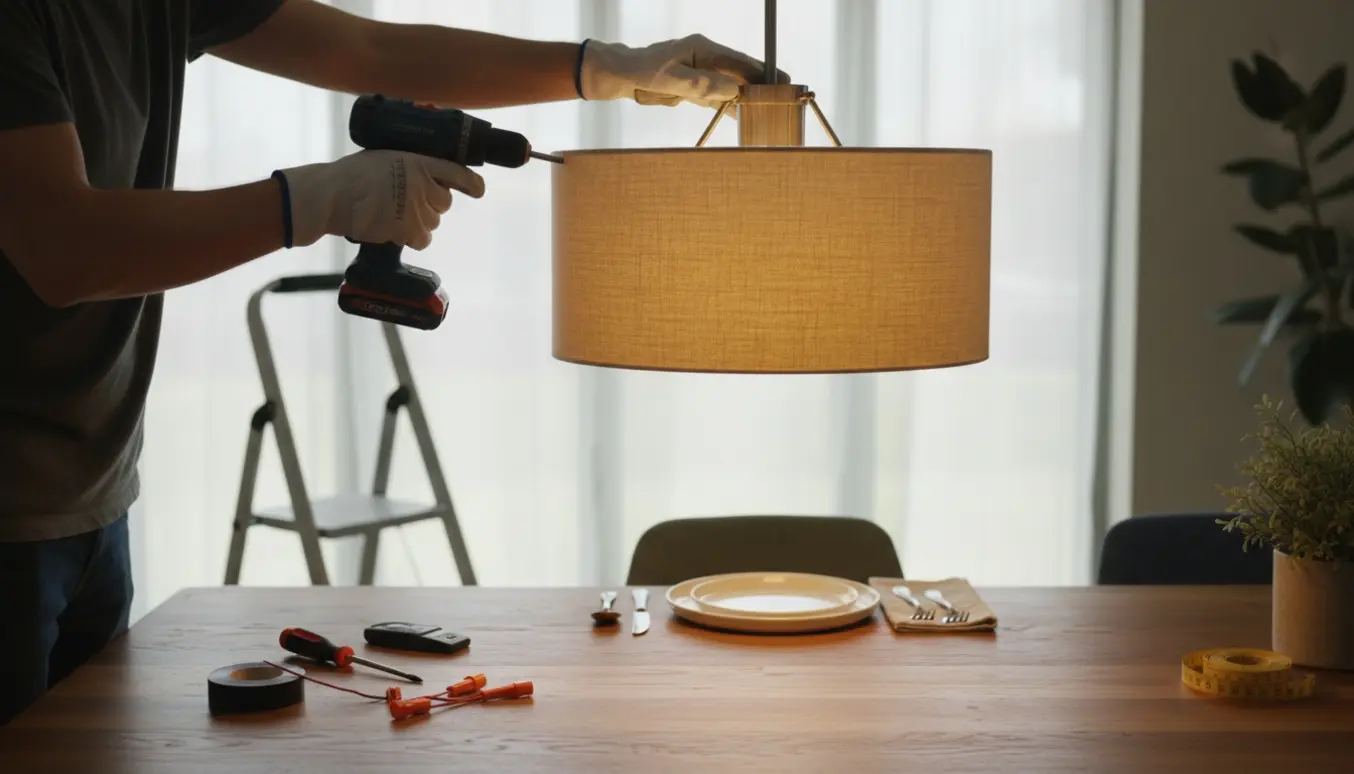 Hængelampe ved at blive monteret i loftet over et træspisebord med værktøj og stige i et lyst spisestue-miljø.