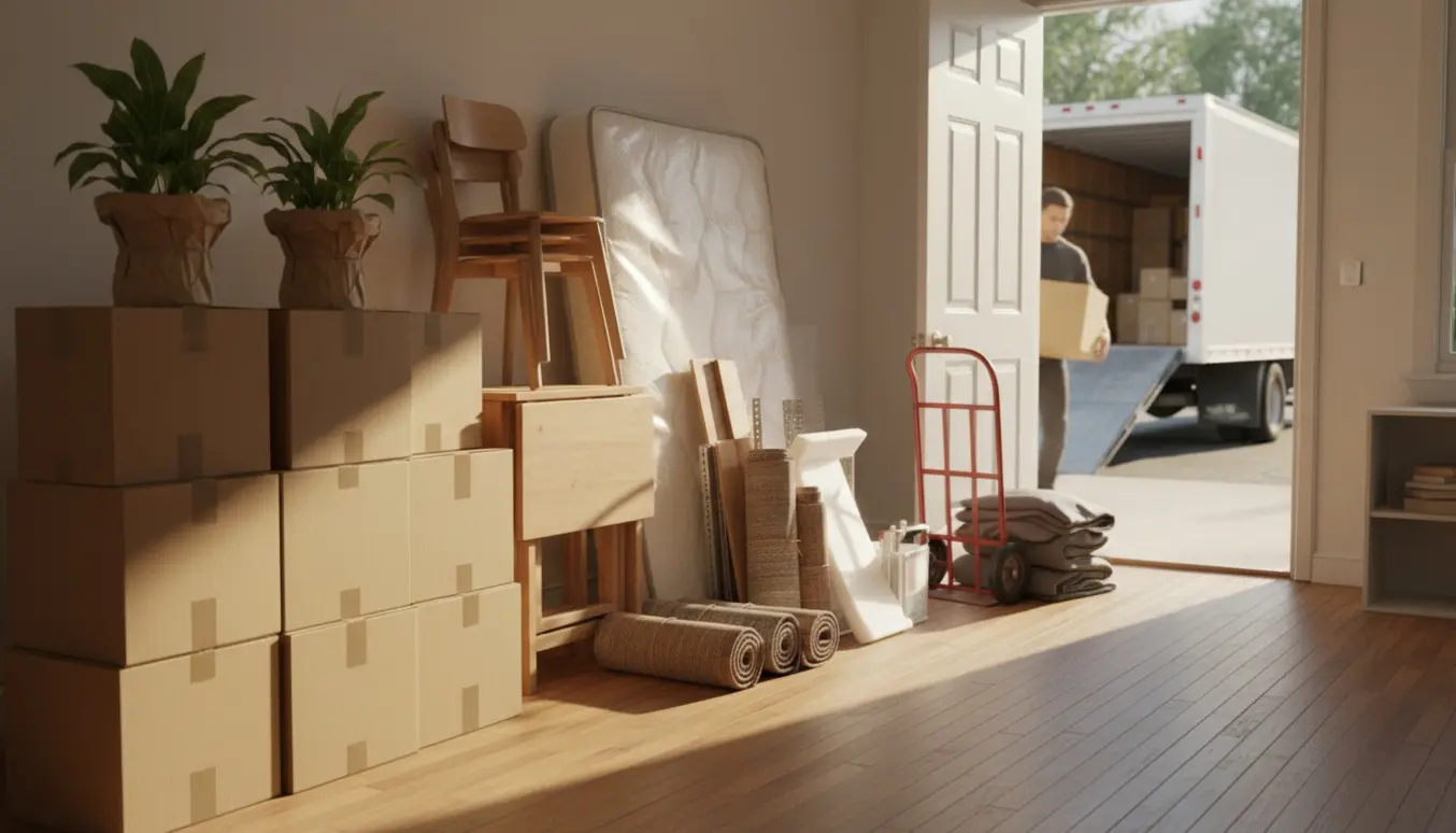 Lyst boliginteriør med stabler af papkasser, madras, rullede tæpper og møbler klar til flytning.