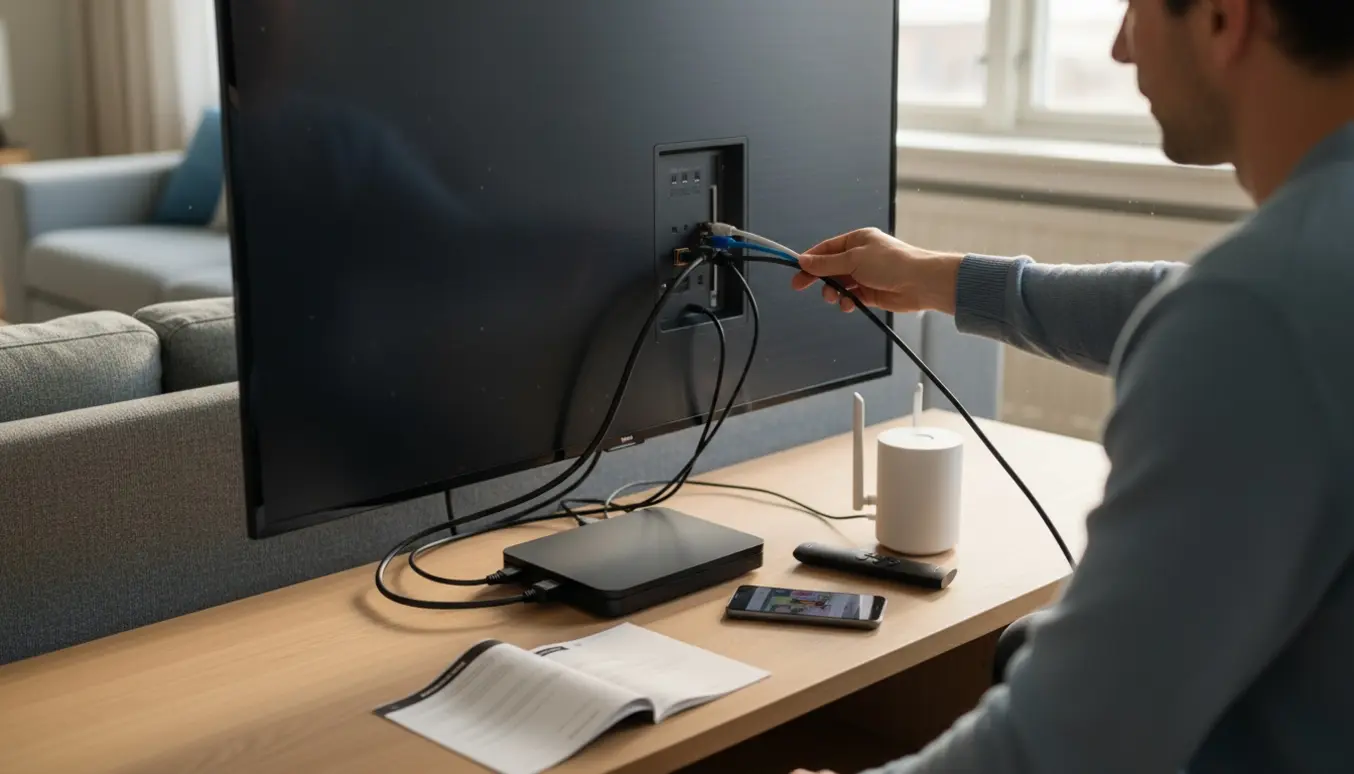 Hænder tilslutter HDMI- og kabelledninger til et nyt vægmonteret tv med set-top-boks og router i en lys stue.