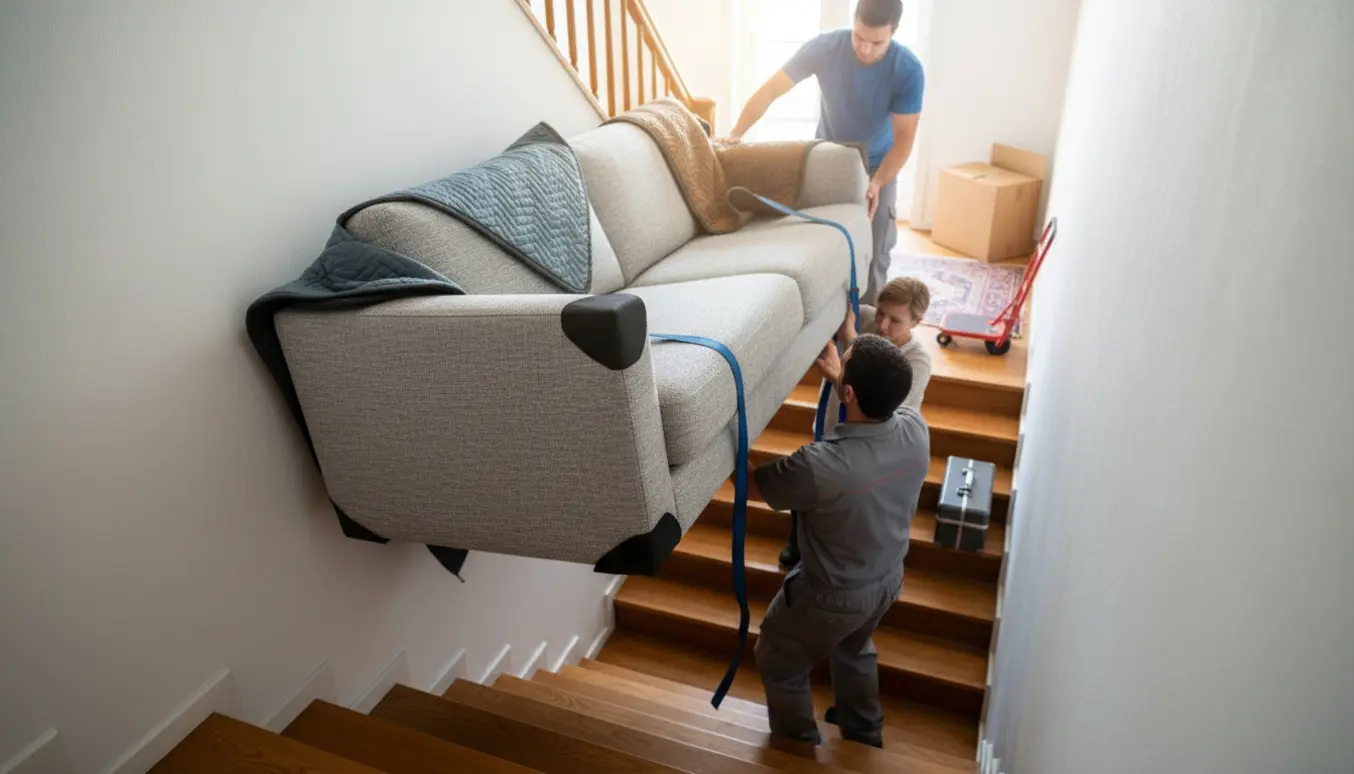 Stor sofa bæres op ad en smal opgang mod fjerde sal, hjelperes ansigter ude af fokus.