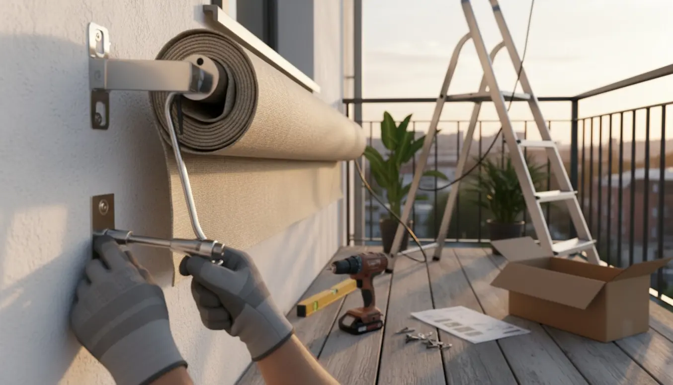 Nærbillede af montering af en elektrisk markise på en altan med værktøj og hænder i fokus.