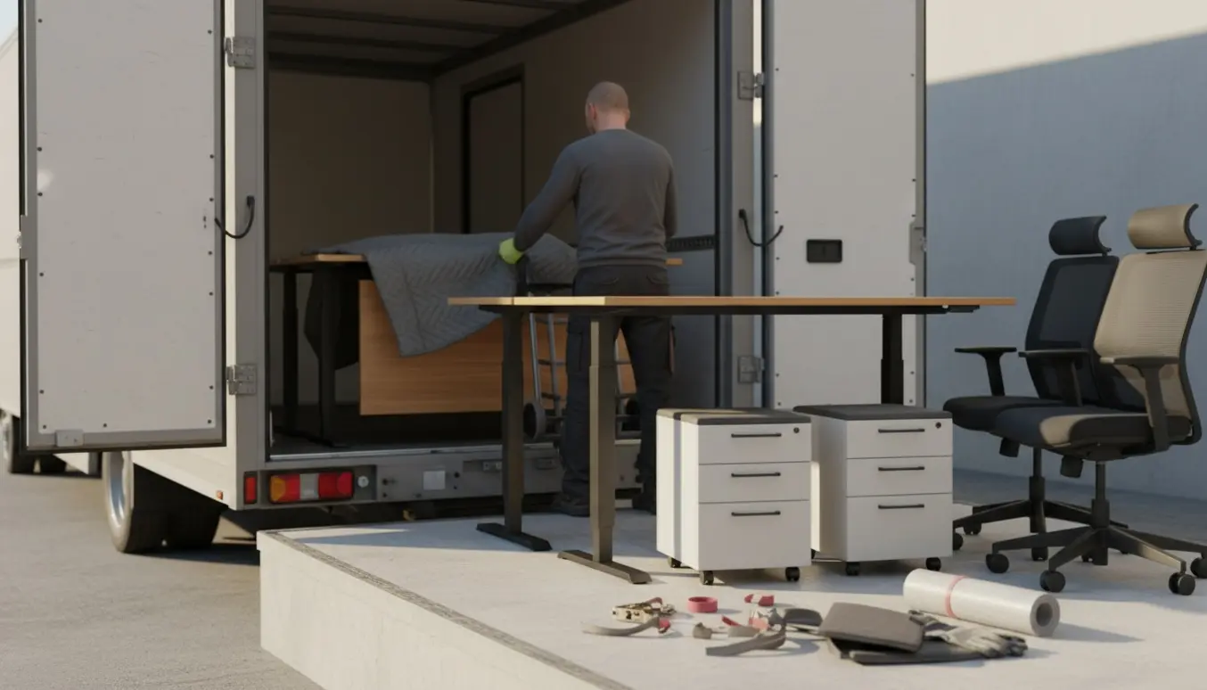 To personer læsser to hævesænkeborde, to små skabe og to kontorstole ind i en varevogn.