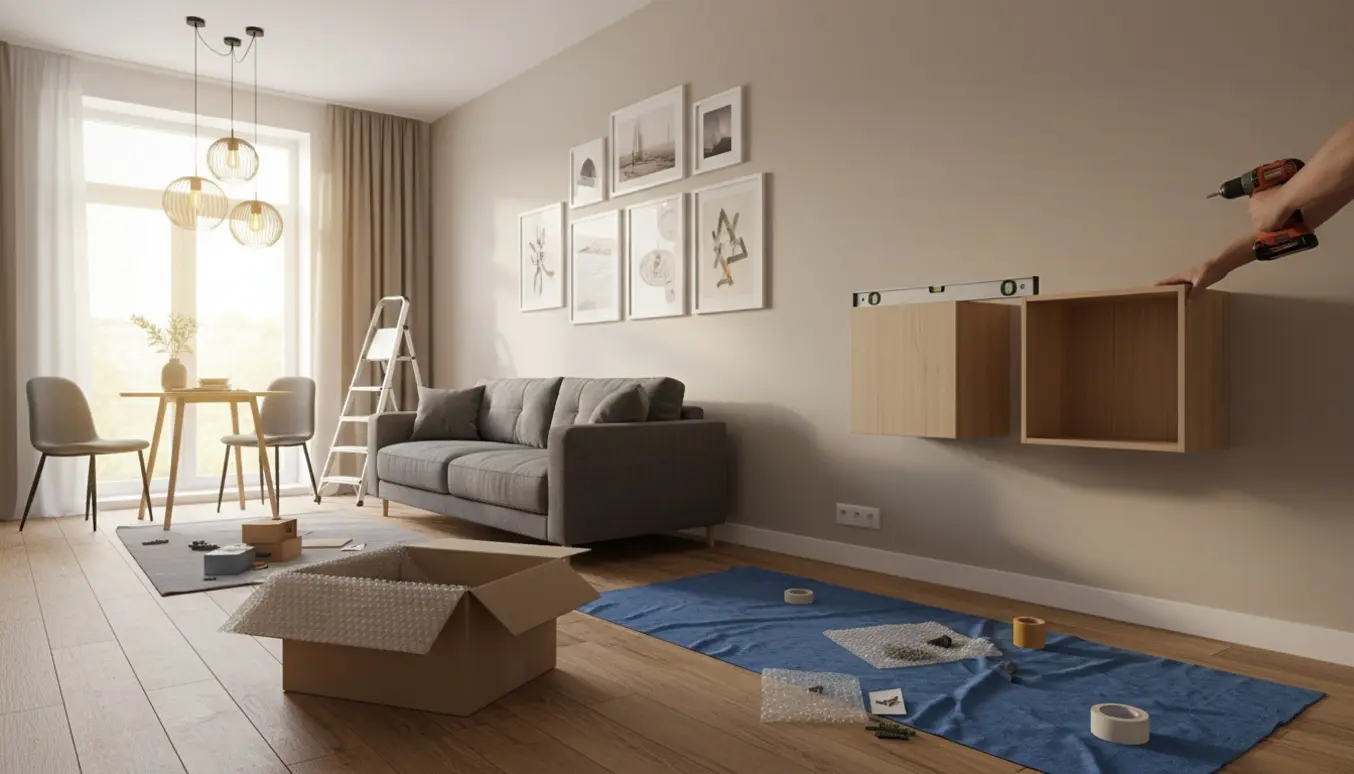 Stue i flytteproces med billeder hængt op, to vægskabe under montering og tre loftslamper.