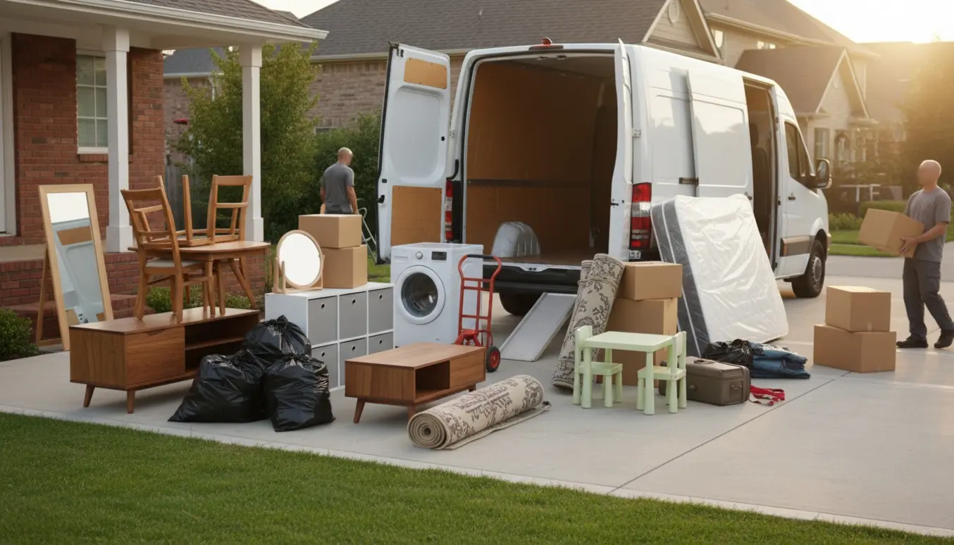 Flytteejendele som møbler, kasser, kufferter og en madras klar til pålæsning ved en åben flyttebil.