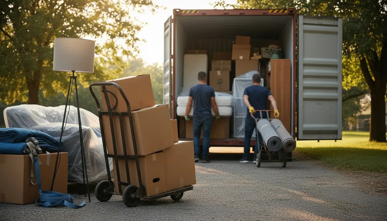 Flyttekasser og møbler bæres langs indkørsel mod en åben skibscontainer i varmt eftermiddagslys.