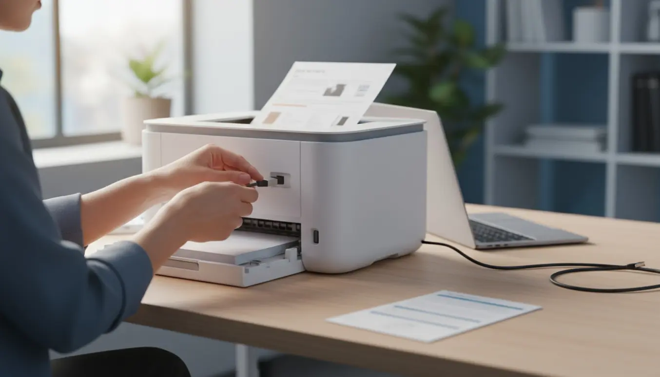 Hænder tilslutter et USB-kabel til en printer på et hjemmekontorskrivebord.