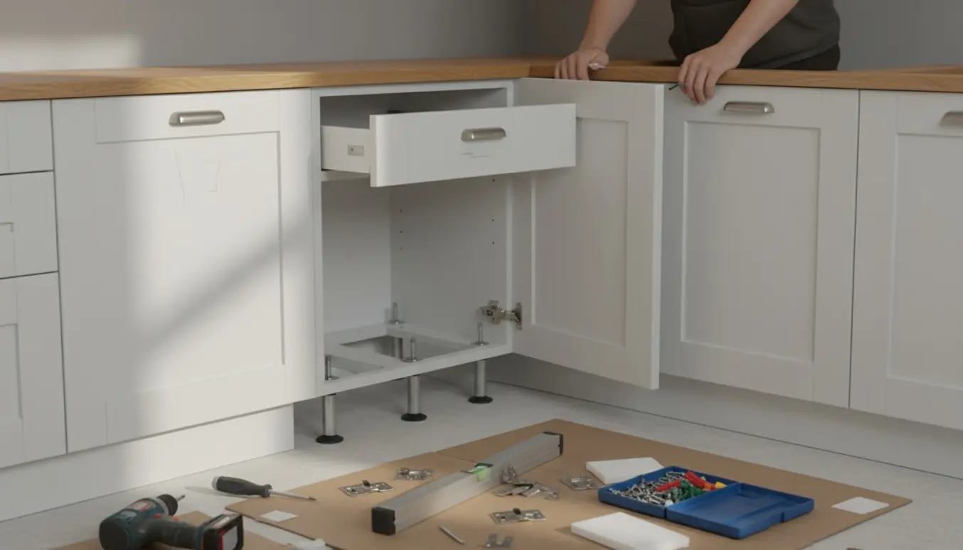 Delvist færdigmonteret køkken med værktøj og hænder, der justerer en skabslåge.