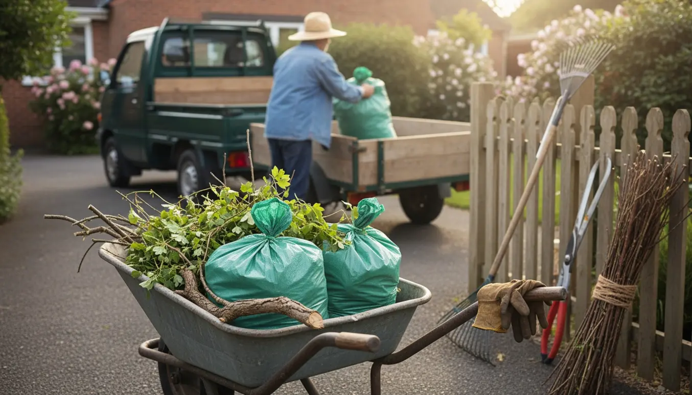 Trillebør og sække med haveaffald klar til bortkørsel fra indkørslen.