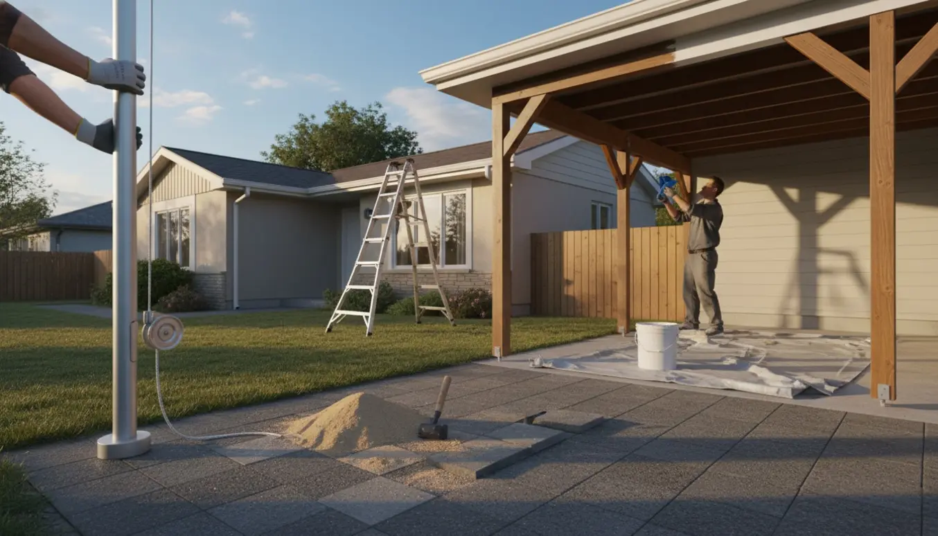 Husfacade med rensede tagrender, sænket flagstang, opretning af fliser og vask/maling af carport.