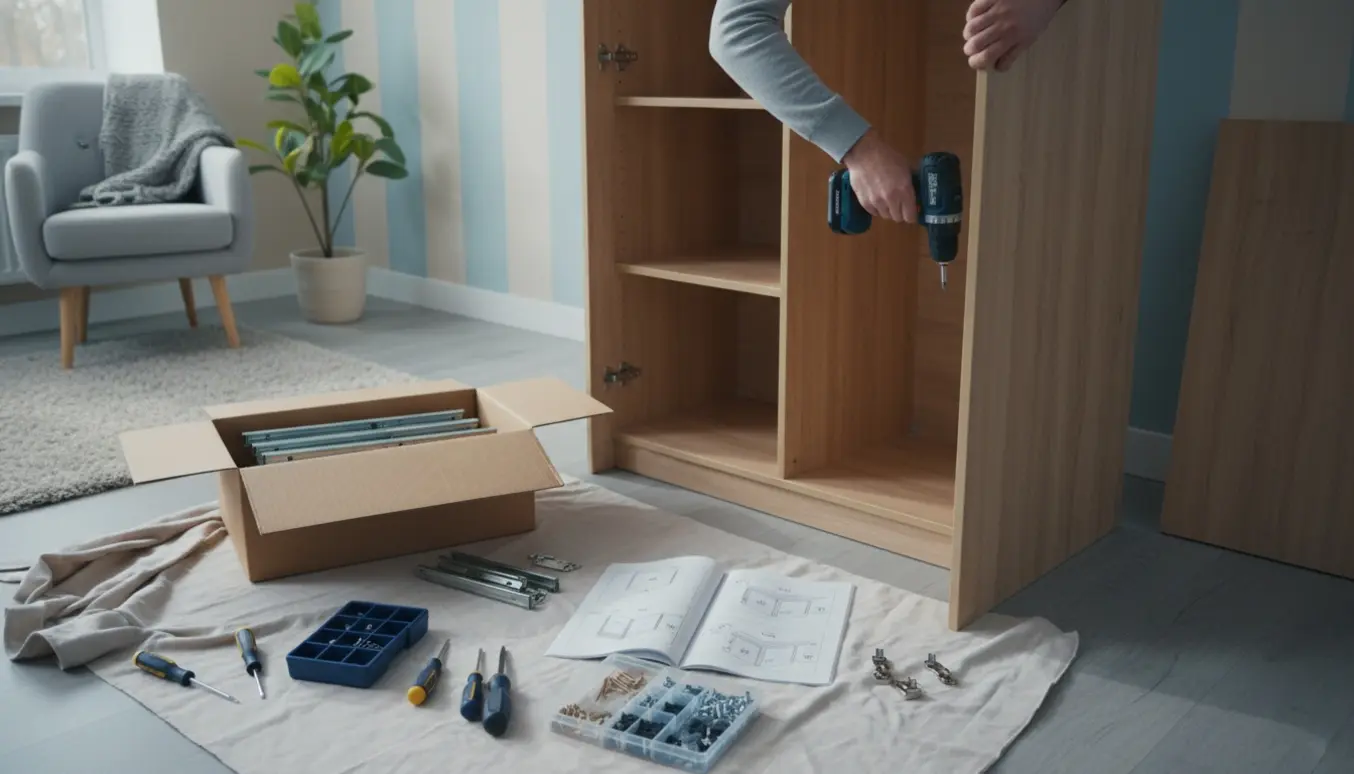 Halvmonteret garderobeskab i et roligt bosted, hænder arbejder med værktøj.