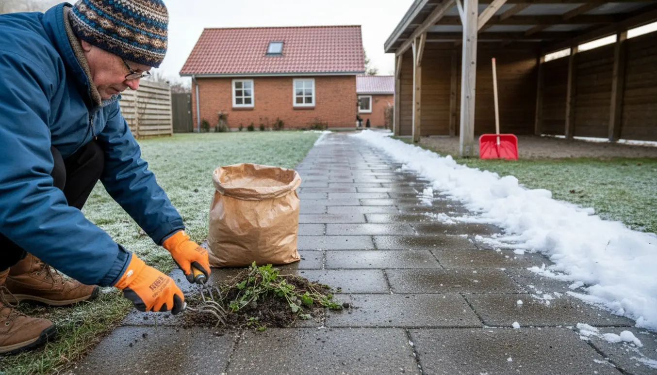 Nærbillede af ukrudtsrensning mellem fliser i forgrunden og en nyligt ryddet snesti til carporten ved et hus i Jyllinge.