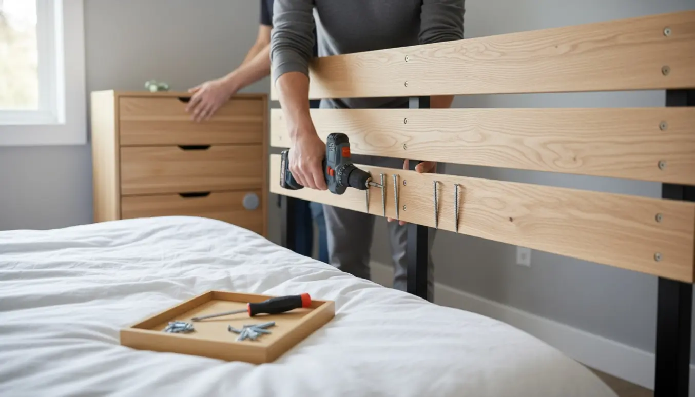 Hænder monterer en træsengegavl med en boremaskine i et lyst soveværelse, mens en kommode drejes en smule.