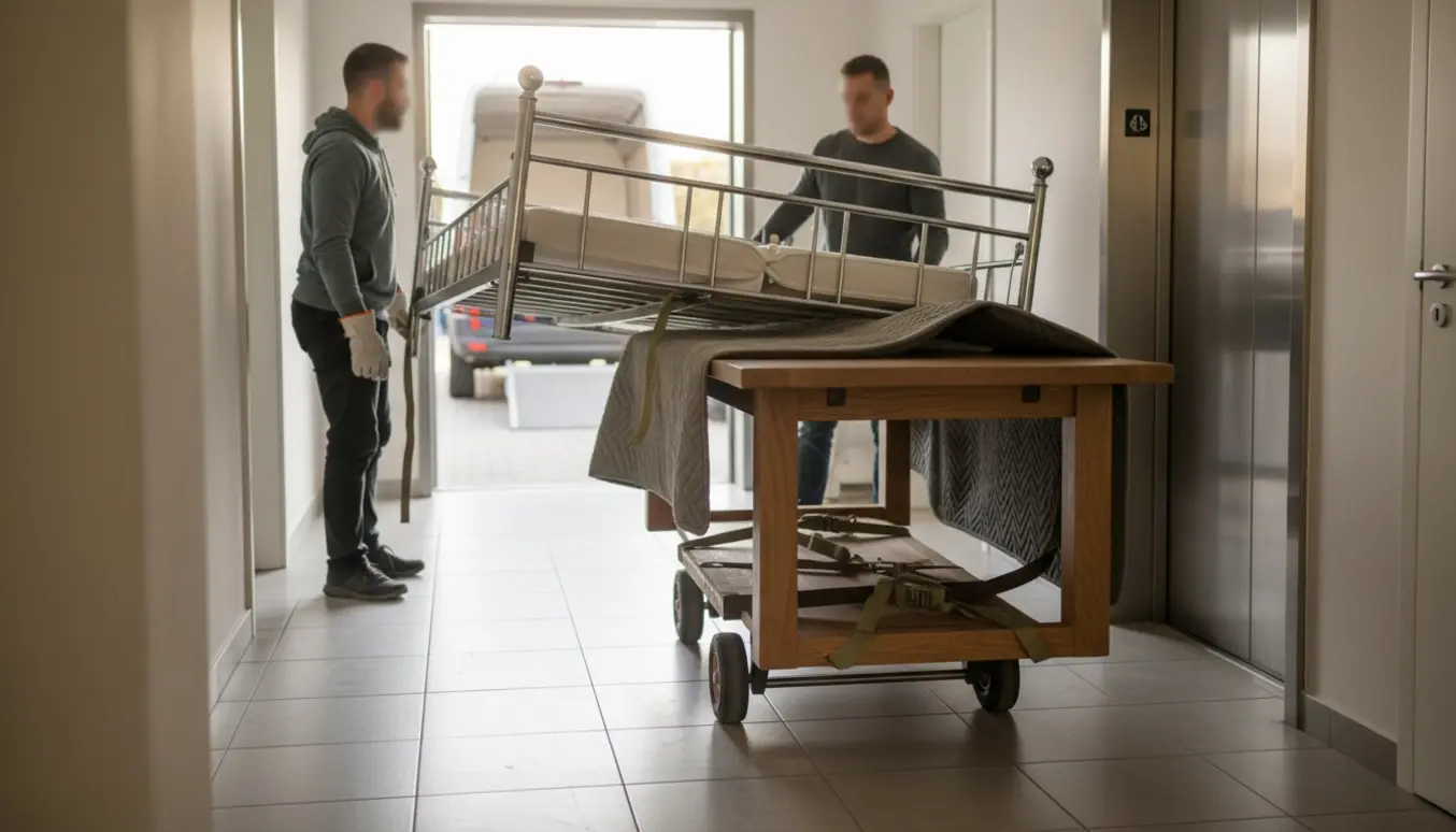 To flyttemænd bærer en enkeltseng med kromramme og et træspisebord gennem en opgang mod en åben elevator, klar til afhentning.