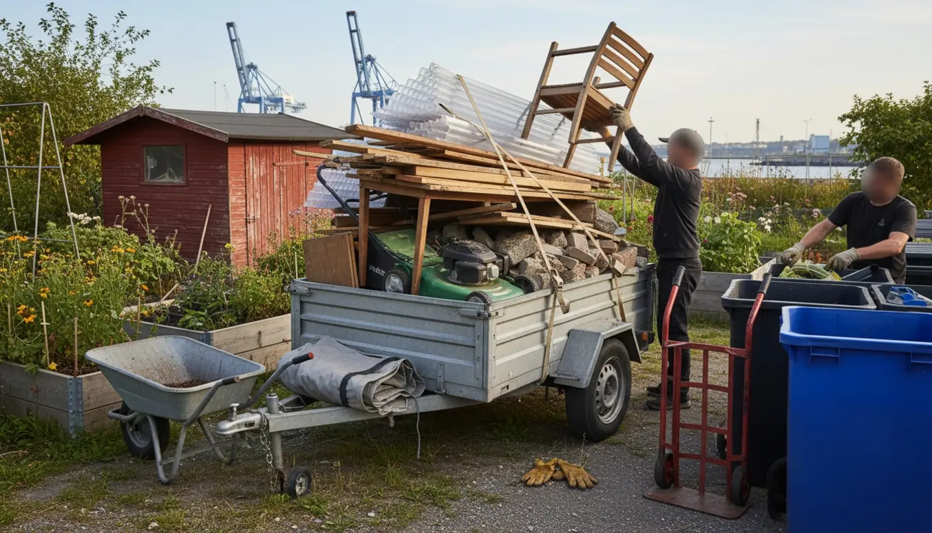 Trailer fyldt med blandet storskrald ved genbrugsplads tæt på en kolonihave i Sydhavnen.